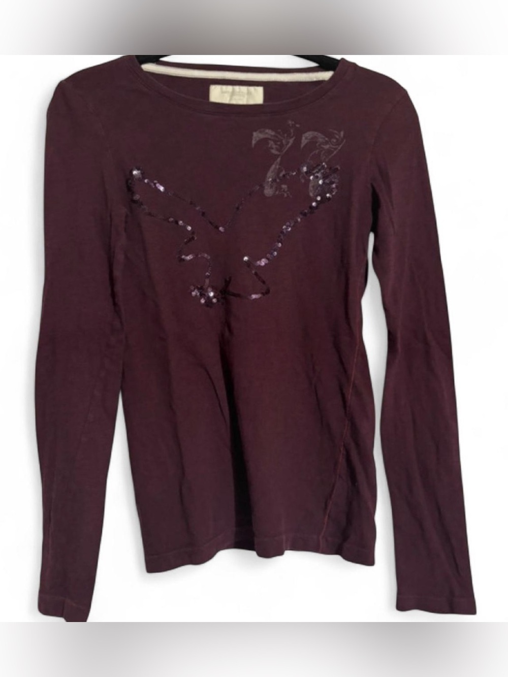 American Eagle Y2K Maroon Long Sleeve Tee Sequin Logo